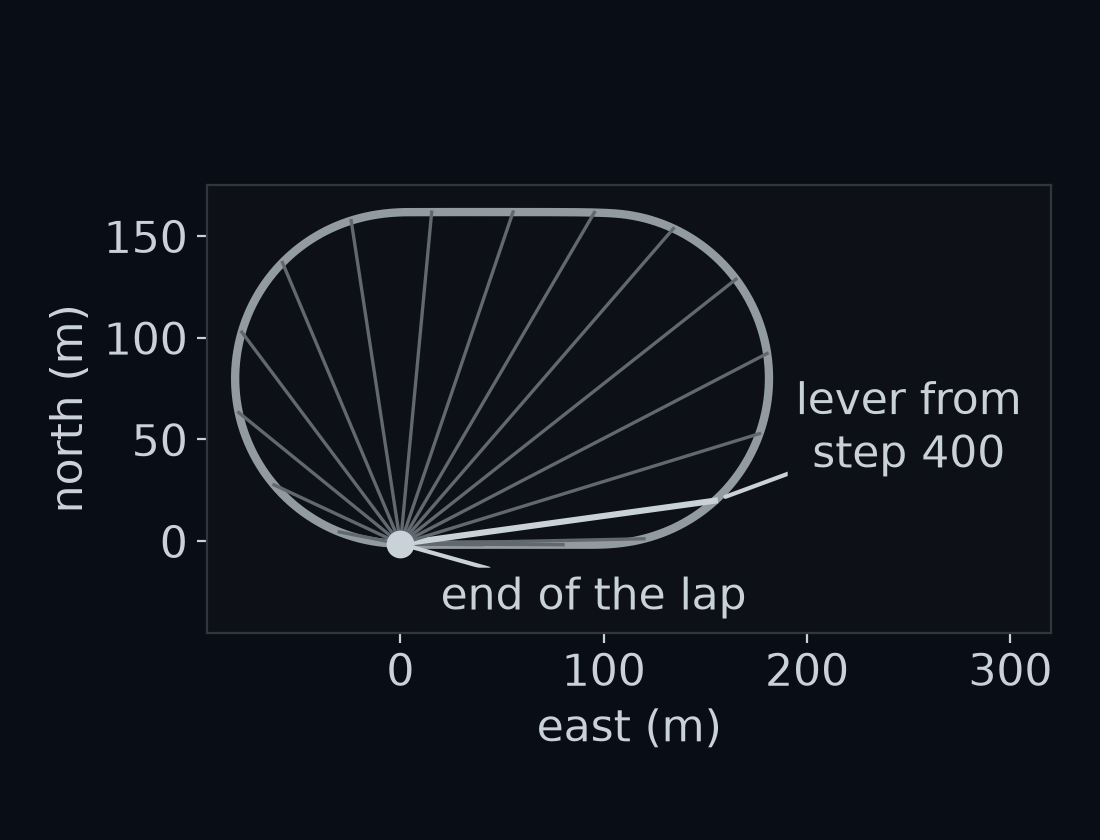 The gentle lap from above in grey. From the car's position every 100 steps, a thin grey line runs to the end of the lap, where the error is measured. Each line is one lever: a yaw error at that step turns the end point about the line's other end, the place where the car was then.